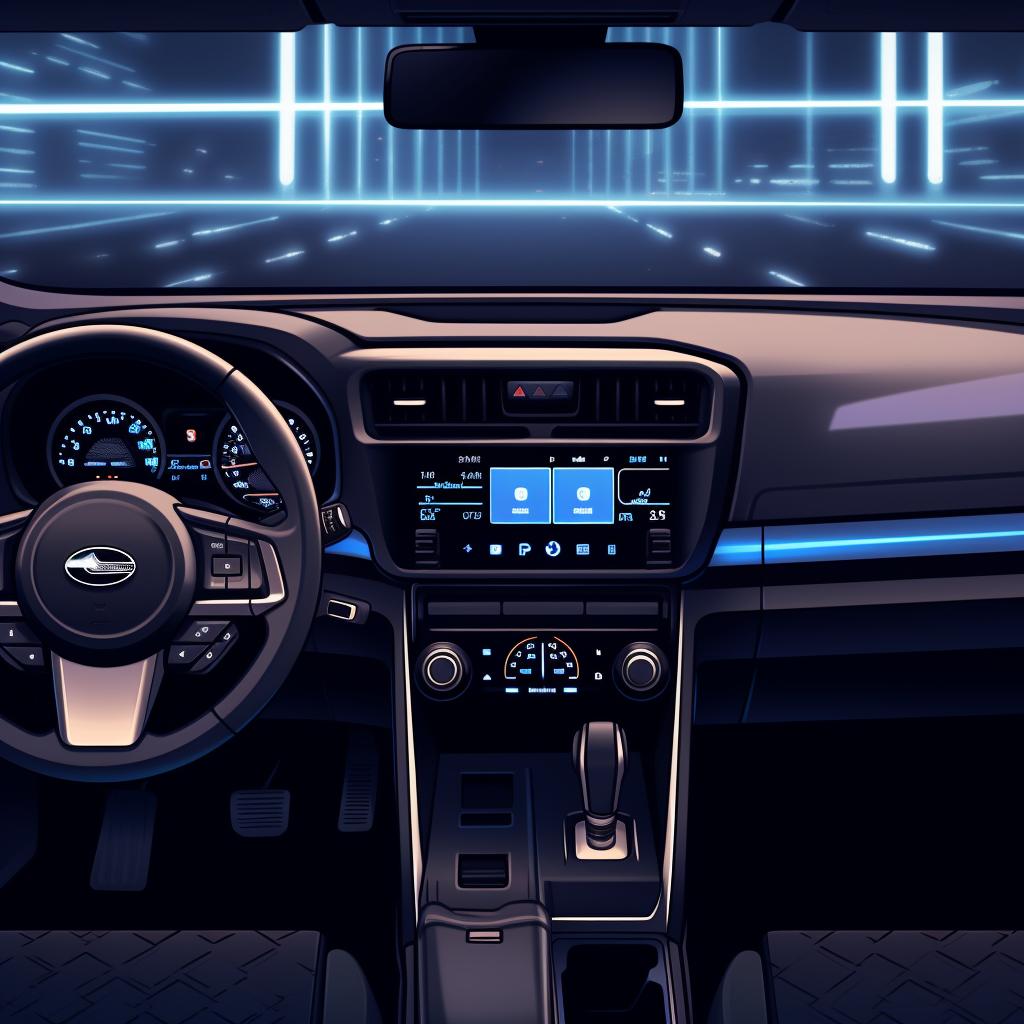A Subaru vehicle's dashboard with the infotainment system highlighted