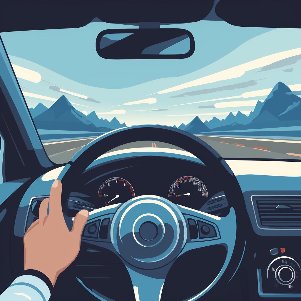 Driver's eyes focused on the road while hands are on the steering wheel