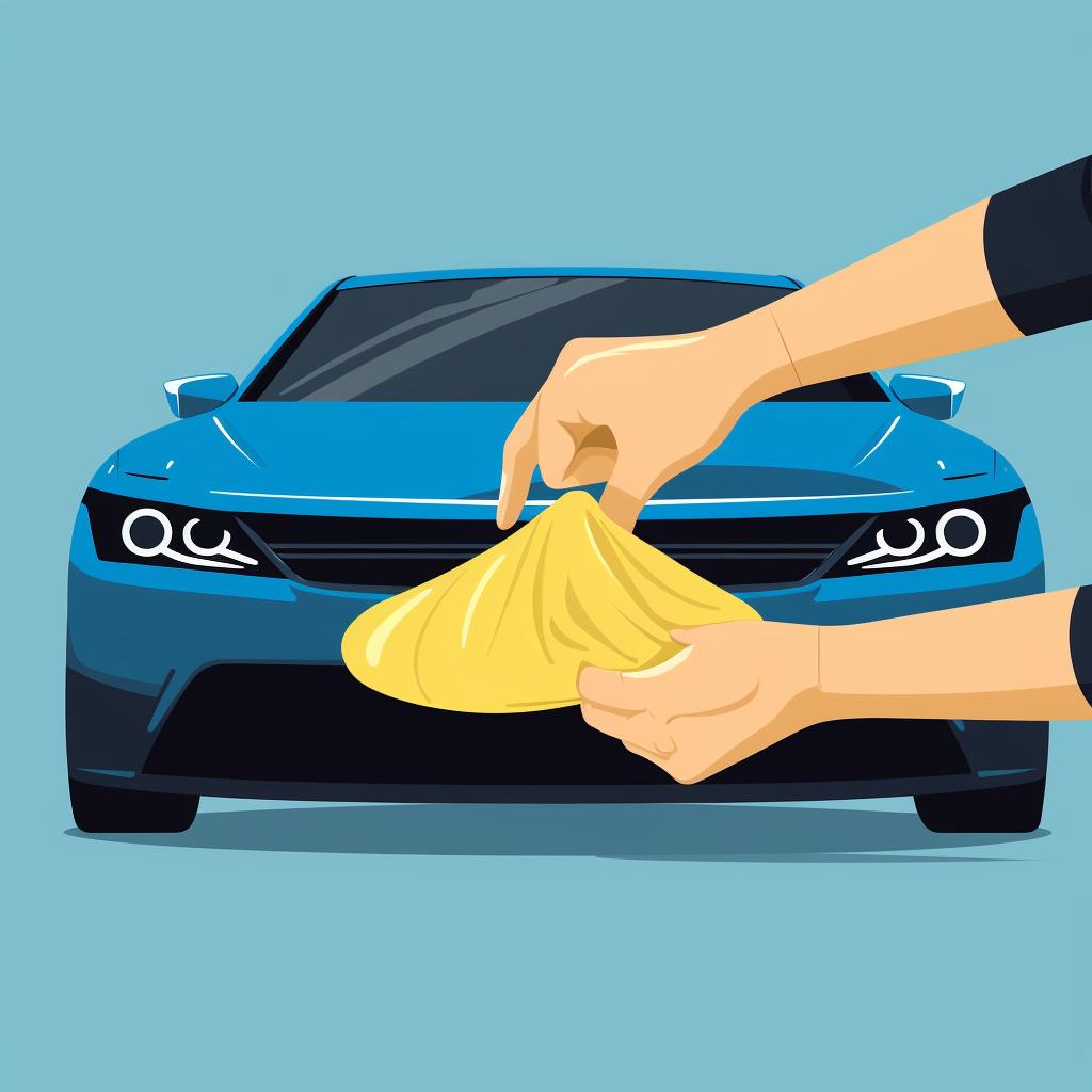 Hand cleaning a sensor on a car's rear bumper using a soft cloth