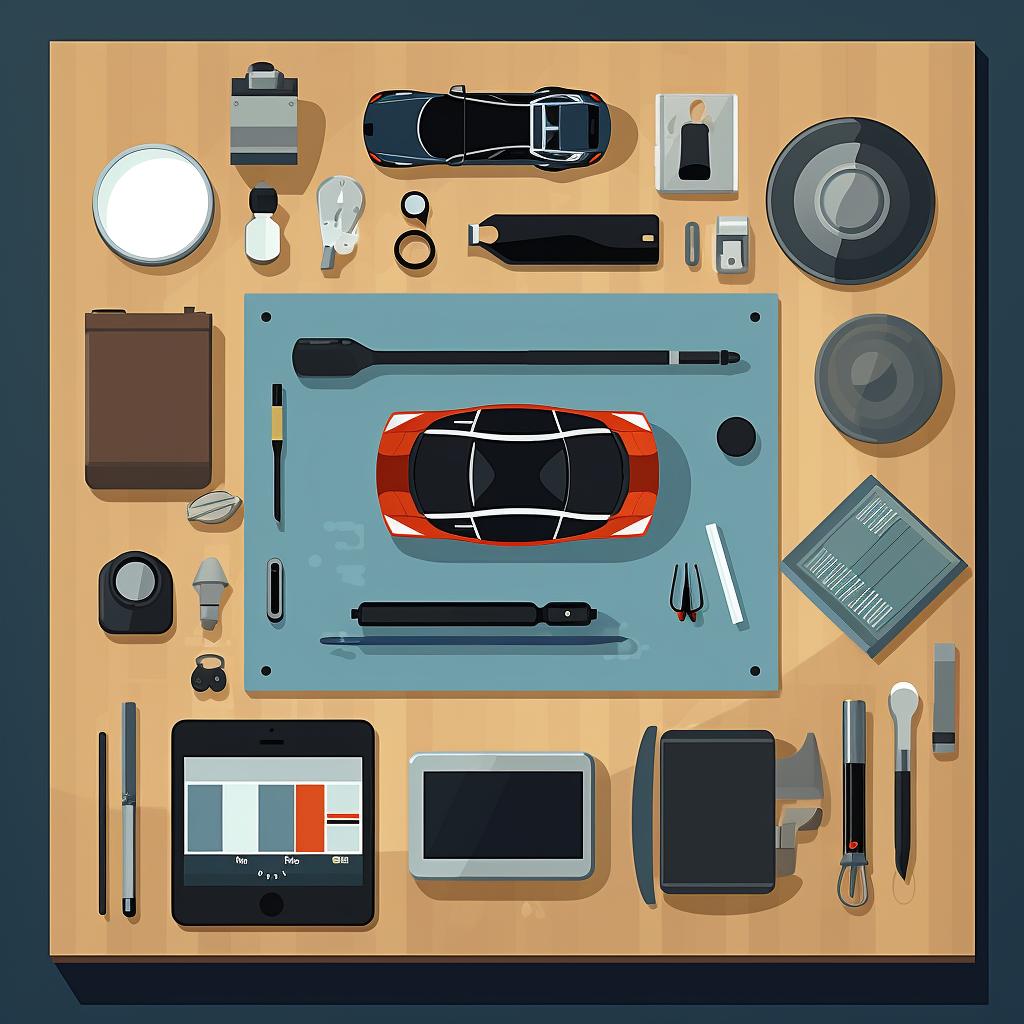 A blind spot detection kit, rear-view cameras, and basic tools spread out on a table.