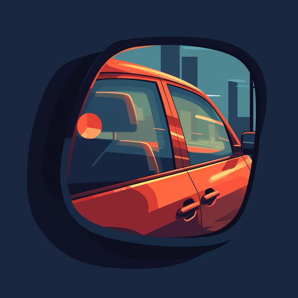 A side mirror of a car with an alert light on