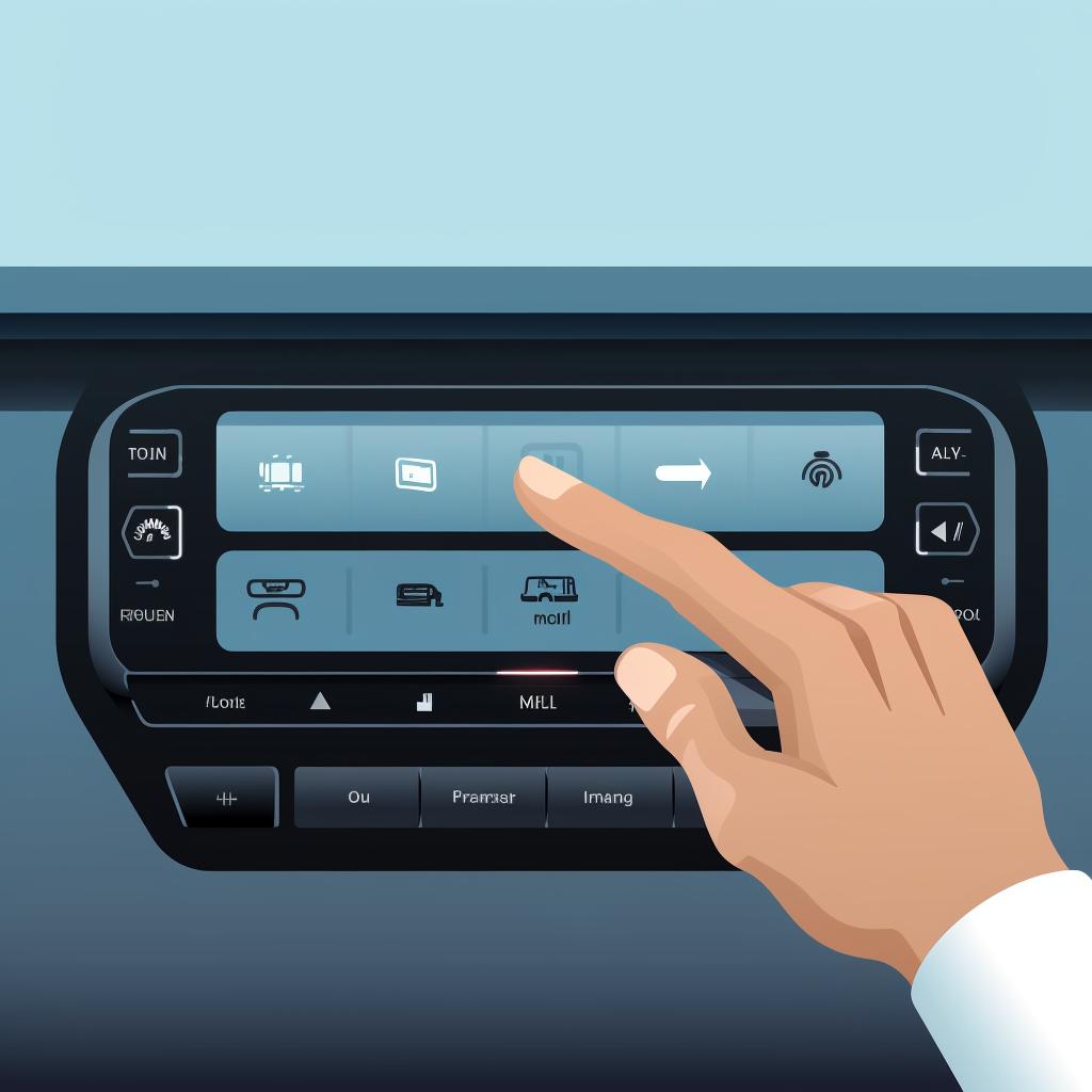A hand pointing to the settings menu on a vehicle's infotainment screen