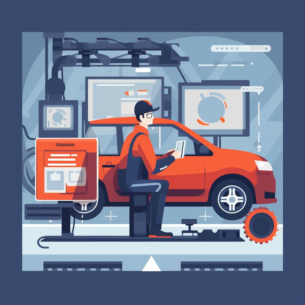 A mechanic running a diagnostic test on a vehicle's safety systems