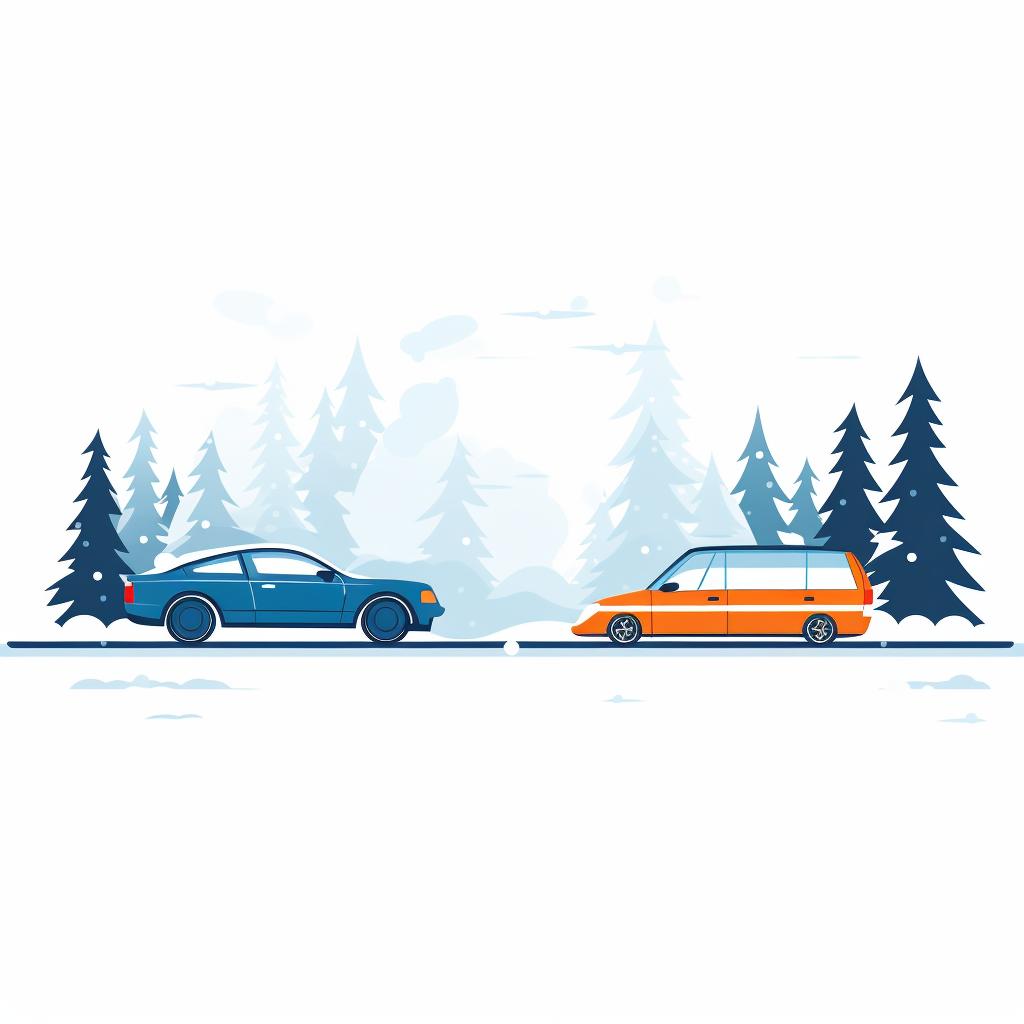 Car maintaining a safe distance from another vehicle on a snowy road
