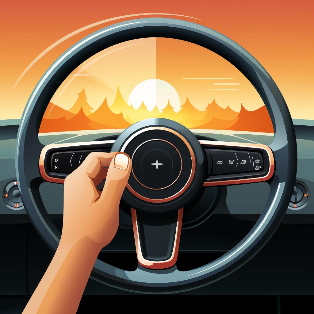 A finger pressing the cruise control button on a steering wheel